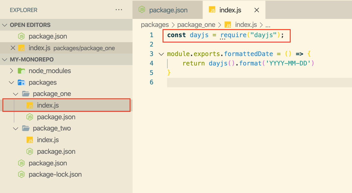 Использование зависимости dayjs от Root в файле index.js пакета package_one. Источник: Bits and Pieces