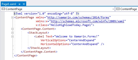 XAML-код, сгенерированный при создании страницы на базе шаблона ContentPage