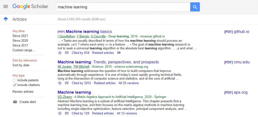 По запросу ‘machine learning’ в Google Scholar — 5 млн научных работ /  Google Scholar