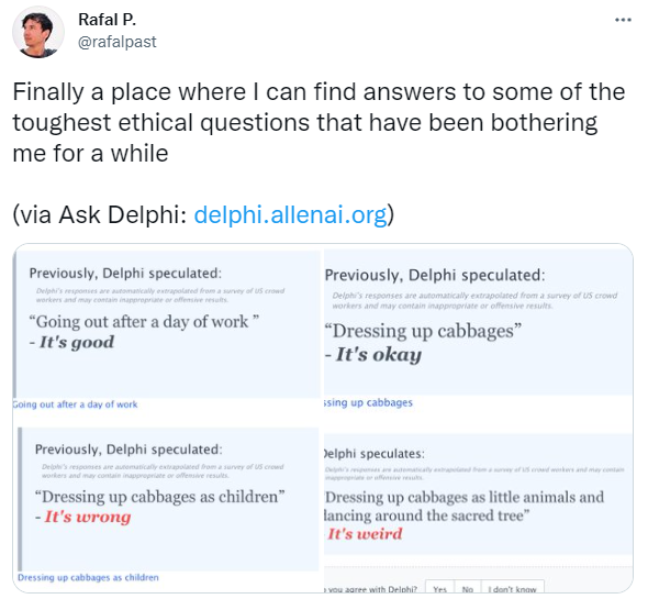 «Наконец я могу найти ответы на самые сложные этические вопросы» / Скриншот Twitter