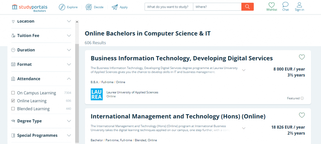 По специализации Computer Science находит 606 онлайн-программ. Их также можно фильтровать или сортировать по цене и другим параметрам / bachelorsportal.com