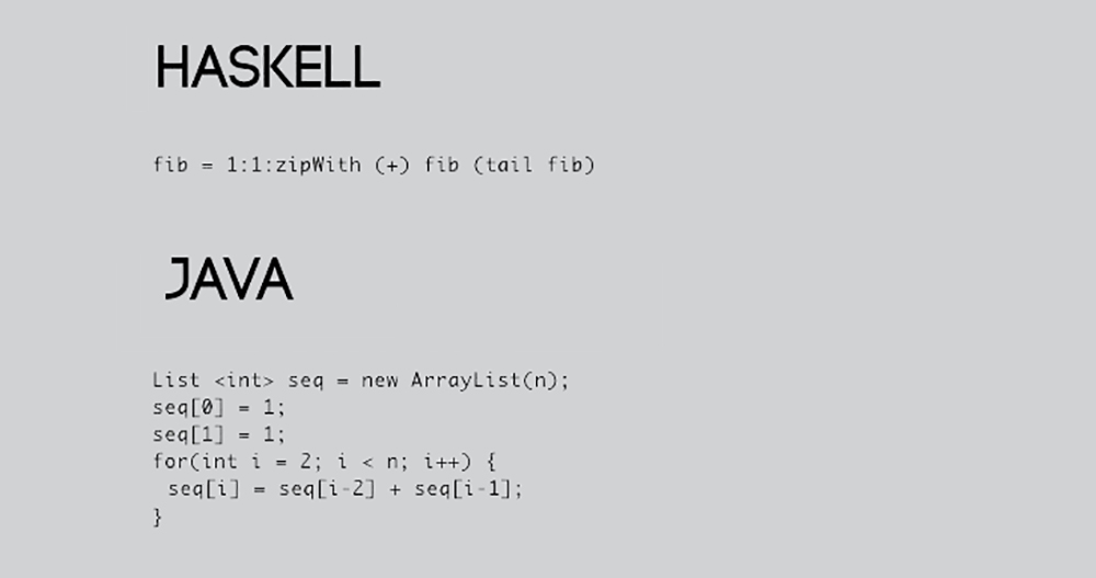 Вычисление бесконечного списка чисел Фибоначчи за линейное время на Haskell и Java