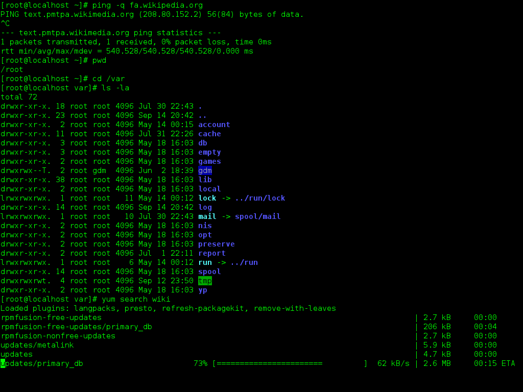 Внешний вид оболочки bash в GNOME Terminal 3, Fedora 15