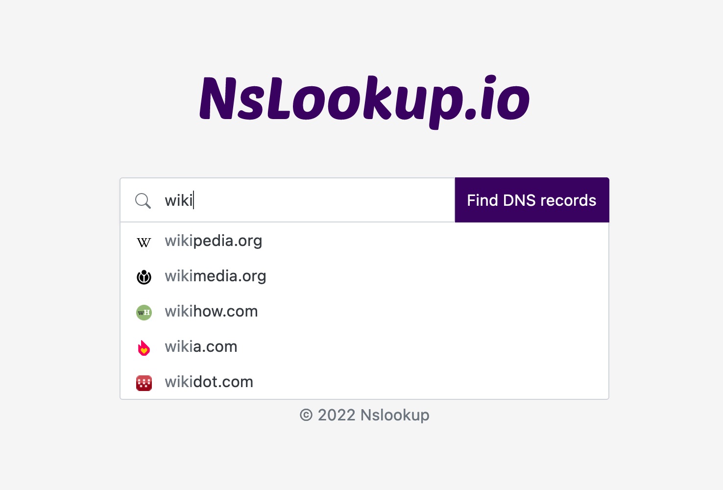 Автозаполнение поиска DNS на NsLookup.io