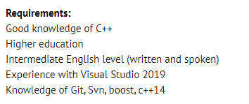 Скриншот требований к вакансии. Обязательно иметь опыт работы с Visual Studio 2019 / DOU