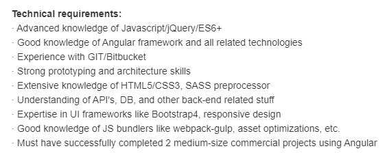 Скриншот вакансии JavaScript-разработчика с требованием знать Angular и BootStrap / Djinni