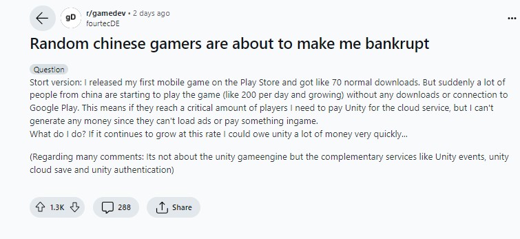 Боїться, що стане банкрутом через тарифи Unity: китайські геймери піратять гру в інді-розробника
